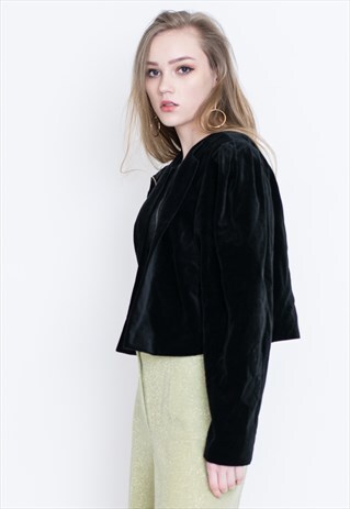 VINTAGE BLACK VELVET RETRO CROP JACKET