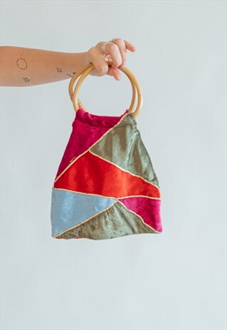 VINTAGE 80S' VELVET PARTY HAND BAG WITH BAMBOO HANDLE