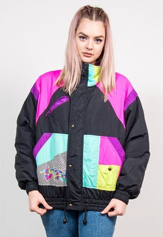 VINTAGE 90'S CRAZY COLOURBLOCK PATTERNED SKI COAT