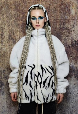 Tattoo fleece hood jacket handmade fluffy zebra bomber white