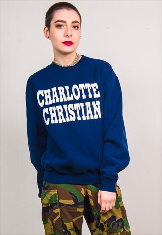 VINTAGE 90'S BLUE CHARLOTTE CHRISTIAN USA PRINT SWEATSHIRT