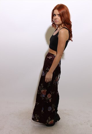 VINTAGE 1990'S 90'S GRUNGE FLORAL PRINT SATIN MAXI SKIRT S-M