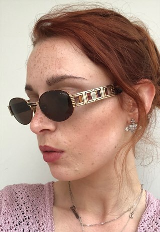 VINTAGE 90S GOLD TONE FRAME BROWN LENS SLIM SUNGLASSES