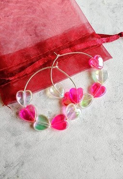 Pink Iridescent Candy Heart Hoop Earrings