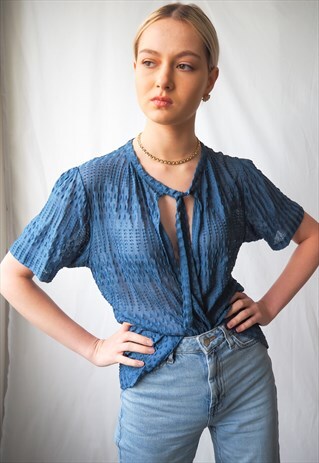 VINTAGE 1990'S BLUE WAFFLE EFFECT TIE BLOUSE
