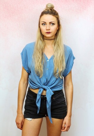 1990S VINTAGE COTTON TIE FRONT BLUE BLOUSE
