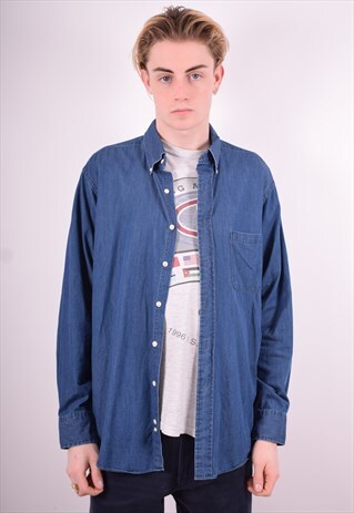 MENS VINTAGE DENIM SHIRT LARGE NAVY BLUE 90'S