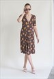 VINTAGE 70S BOHO BROWN&YELLOW MIDI V-NECK DRESS S