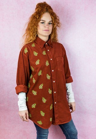 CHRISTMAS MISTLETOE EMBROIDERED BROWN CORDUROY VINTAGE SHIRT