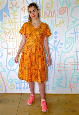 Dress Vintage 60s Midi Tea Dress Orange Floral Print Size 12