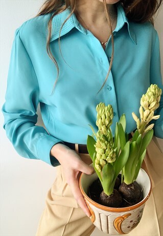 VINTAGE 70S LUXE PARISIAN CHIC TURQUOISE TOP SHIRT BLOUSE
