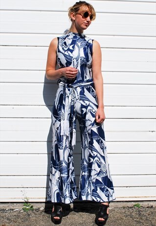 VINTAGE 70S GEOMETRIC PRINT FLARED JUMPSUIT