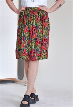 Vintage 80s High Waist Midi Pleated Tropical Pattern Skirt L