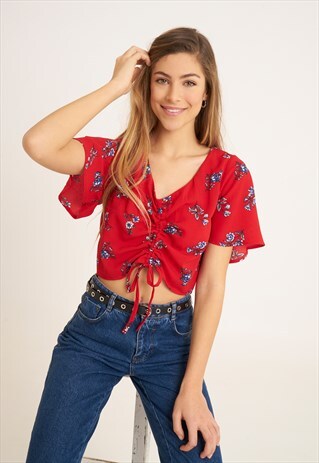 FLORAL LACE-UP CROP TOP