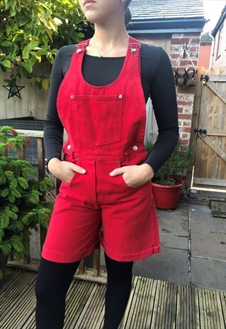 RED VINTAGE DENIM SHORT DUNGAREES - M