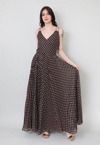 70's Vintage Slip Maxi Dress Brown White Polka Dot 