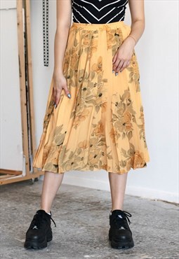 Vintage 80s Pleated Floral Pattern Elastic Waist Skirt S/M