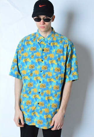 VINTAGE 90S BLUE YELLOW ABSTRACT SHORT SLEEVE SHIRT
