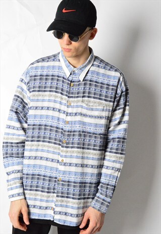 VINTAGE 90S WHITE BLUE STRIPED AZTEC LONG SLEEVE SHIRT