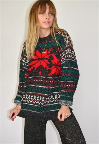 VINTAGE 70S NORDIC OVERSIZE DARK GREY PATTERN KNITTED JUMPER