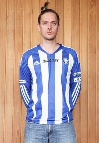 VINTAGE 1990S WHITE AND BLUE STRIPED ADIDAS FOOTBALL SHIRT