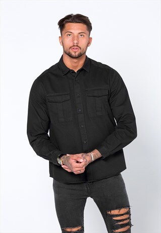 ESSENTIAL BUTTON UP SHACKET JACKET OVER SHIRT - BLACK