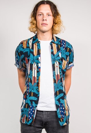 VINTAGE 90'S BLUE SURFBOARD PATTERN HAWAIIAN SHIRT