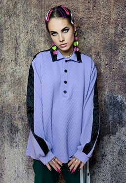 Long sleeve polo shirt textured button up mesh top in purple