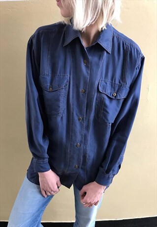 VINTAGE 90' BEAUTIFUL AMAZING SILK DARK BLUE SHIRT