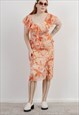 Vintage Y2k Peach Floral Ruffle Shoulder Slit Dress M