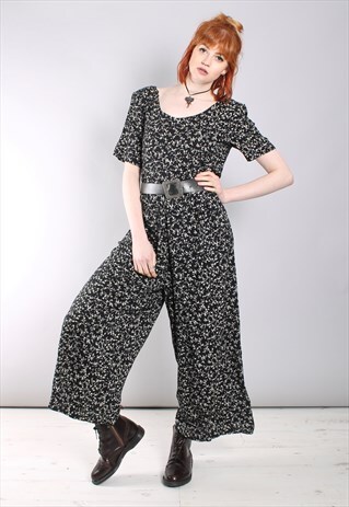 VINTAGE 80S FLORAL PRINT WIDE LEG CULOTTE JUMPSUIT