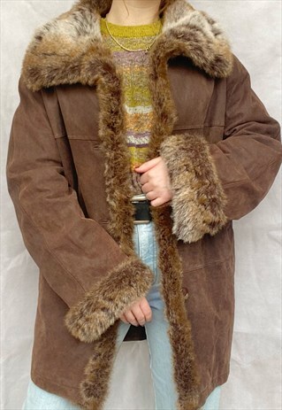 VINTAGE SUEDE AFGHAN COAT IN BROWN WITH FUR COLLAR AND CUFFS