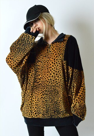 80S LEOPARD PRINT 1/4 ZIPPER VELVET SWEATSHIRT JUMPER