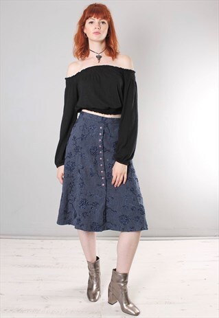 VINTAGE 90S EMBROIDERED BUTTON MIDI SKIRT