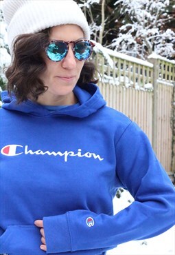 Vintage Y2K Champion embroidered hoodie in bright blue