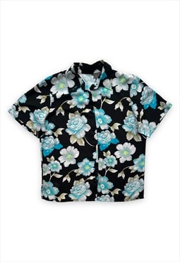 Vintage top oversize button up shirt blouse black floral