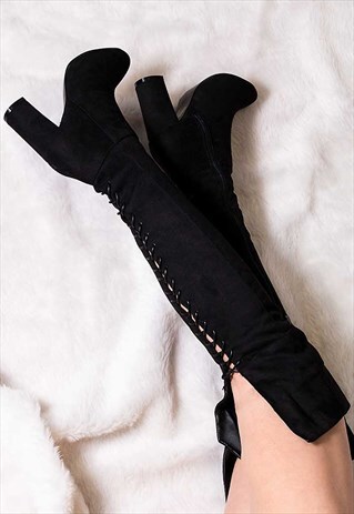 MAIDEN LACE UP BLOCK HEEL OVER KNEE TALL BOOTS - BLACK