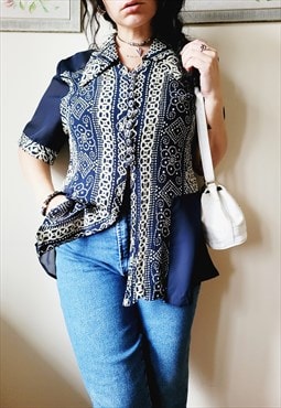 90s retro navy blue abstract print short sleeve long blouse