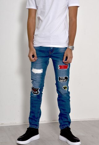 MENS DENIM PATCHED DISTRESSED SKINNY JEANS