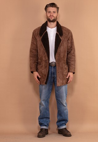 VINTAGE 80'S MEN SHEEPSKIN SUEDE COAT IN BEIGE