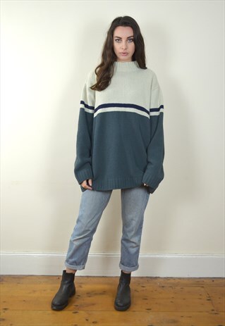 1998 VINTAGE GREEN & BEIGE STRIPED COSY HIGH NECK JUMPER