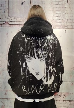 Anime fleece jacket faux fur graffiti bomber jacket black