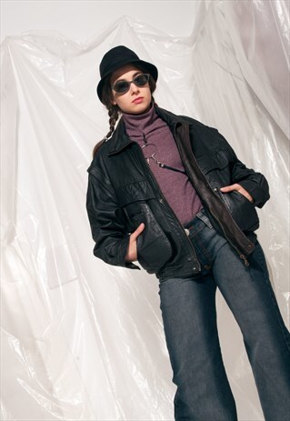 VINTAGE LEATHER JACKET 80S GRUNGE BLACK UNISEX BOMBER COAT
