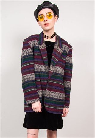 VINTAGE 90'S PURPLE STRIPED AZTEC PATTERN OVERSIZED BLAZER