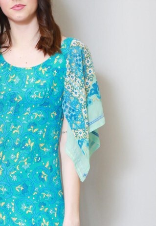 VINTAGE 1970'S DACRON BLUE COTTON PAISLEY PRINT MINI DRESS
