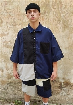 Contrast stitch casual suit reworked shorts & shirt set blue