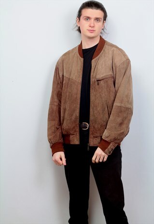 1990'S VINTAGE SUEDE BOMBER JACKET IN BROWN