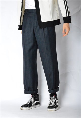 VINTAGE 90S GREY NAVY BLUE STRIPED PANTS