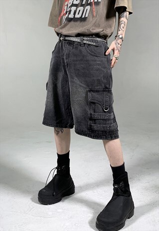 Black Washed Cargo Denim Shorts 
