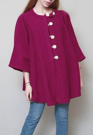 VINTAGE 1980'S FUCHSIA KNITTED WOOL CAPE